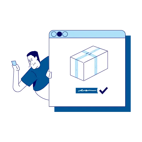 Person holding a phone, peeking from behind a web browser window with a package and checkmark inside